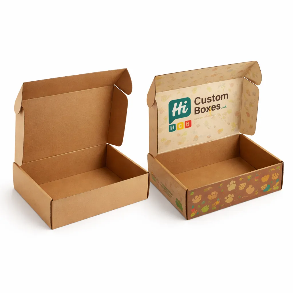 Two sturdy white two-piece boxes with lids, including one featuring custom orange pet snack branding. class=